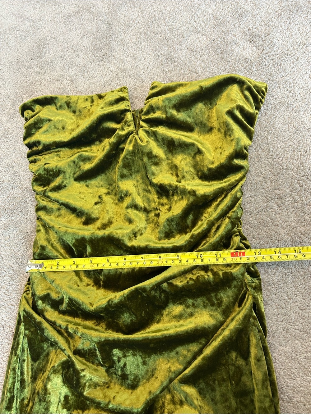 ZARA Olive Green Crushed Velvet Ruched Midi Dress Scarf Neck Size L NWT - Picture 10 of 16